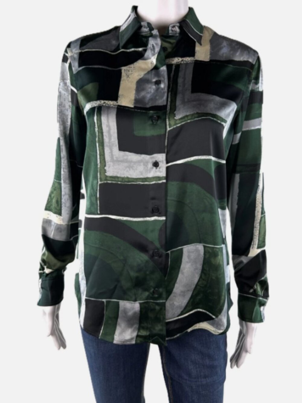 Lauren Ralph Lauren Women XS Green Geo Print Satin Charmeuse Button Up Shirt NWT